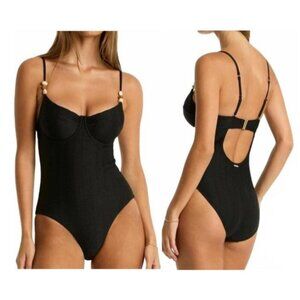 Sea Level Australia NEW Caracus Balconette Bra One Piece Swimsuit Size 10 Black